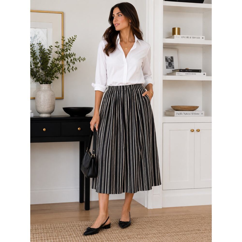 J.Crew Striped Pleated Midi Skirt Parisian Chic Minimalist Elegant Pristine - 0